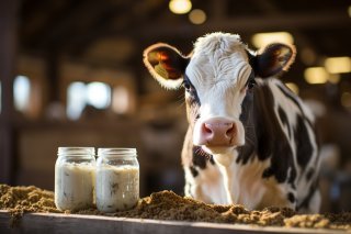 Cute cow on farm drinks fresh milk outdoors generated by artificial intelligence